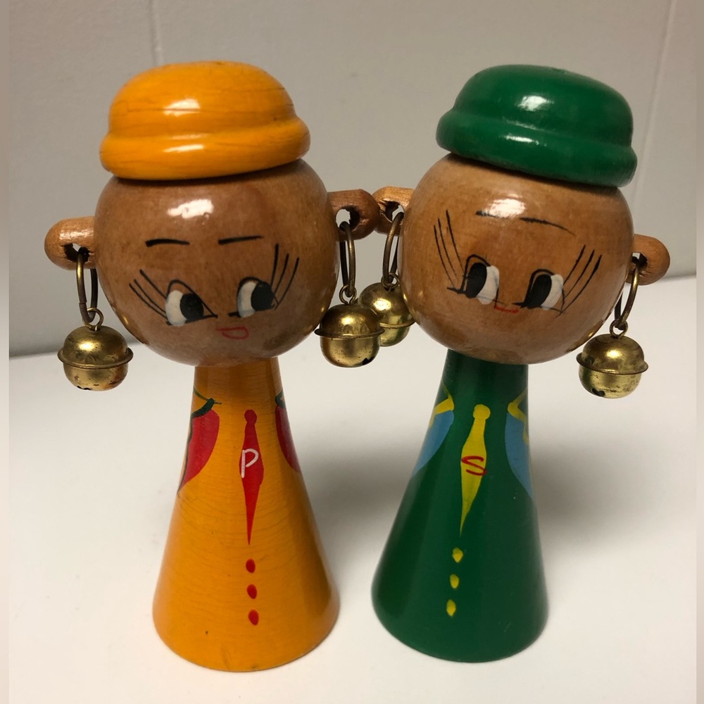 Vintage Wooden with Bells Asian Inspired Salt and Pepper Shakers Great Condition